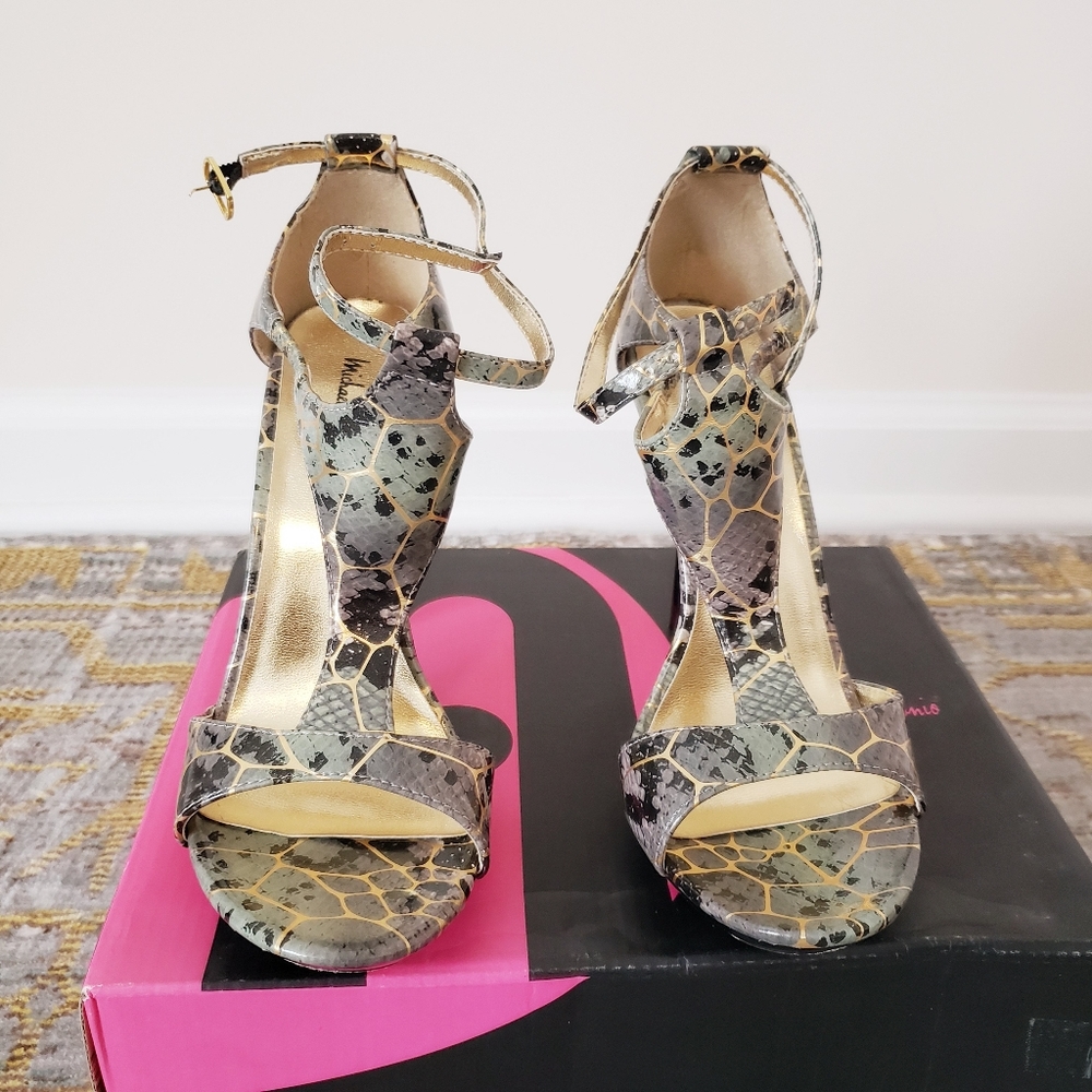 Michael Antonio Snakeskin T-Strap Heeled Sandals | Gray/Gold | Size 7.5